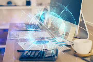 Multi exposure of business theme icons and work space with computer background. Concept of success.