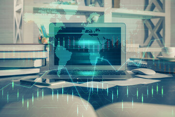 Multi exposure of chart and financial info and work space with computer background. Concept of international online trading.