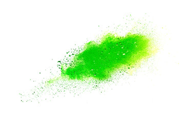 Freeze motion of green color powder exploding on white background.