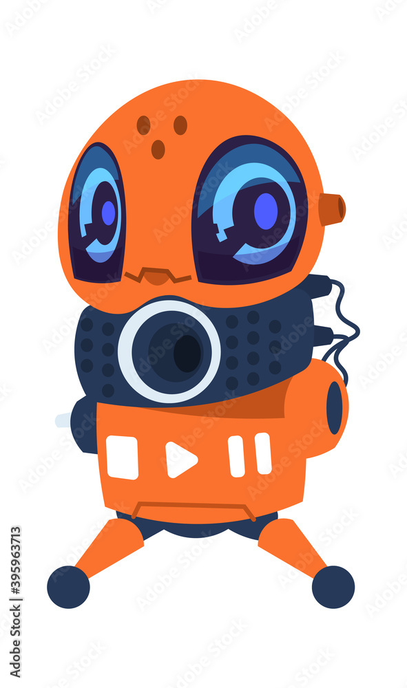 Poster futuristic robot. cartoon mascot. friendly orange automation machine. isolated electronic toy with r