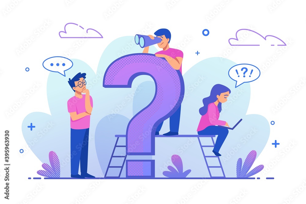 Poster faq. frequently asked questions web design template. cartoon thinking young people and query symbol.
