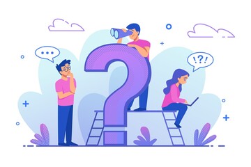 FAQ. Frequently asked questions web design template. Cartoon thinking young people and query symbol. Isolated cute girl and boys searching answers and information. Vector online support concept