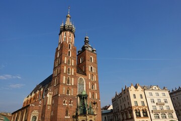 KRAKOW, POLAND -View of the Saint Mary's Basilica, a brick Gothic church on the Main Market Square...