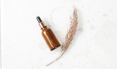 Flat lay of facial oil amber bottle and dry seed in a letter "Y" shape on white background. Simple beauty concept. Natural organic cosmetics. Image for beauty salons and sites