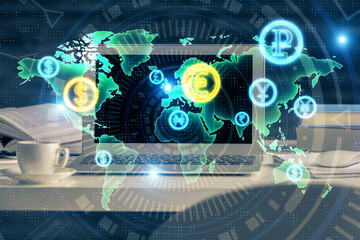 Fototapeta premium Financial graph colorful drawing and table with computer on background. Double exposure. Concept of international markets.