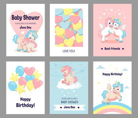 Greeting cards with unicorns. Cartoon ponies with horns and rainbows or balloons. Funny postcards with wish phrases and invitations. Collection of birthday celebration banners. Vector holiday set