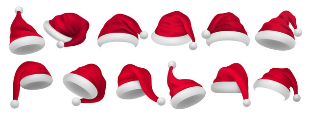 Christmas hat. Santa Claus Xmas decorative elements different angles, New Year winter holidays red and white hats with pom poms collection. Realistic festive headwear, vector isolated clothing set