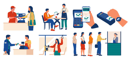 Payment methods. Cartoon people paying with cash, smartphones or smart watch in supermarket and cafe, bank and public city transport. Men and women give money for purchases and services, vector set