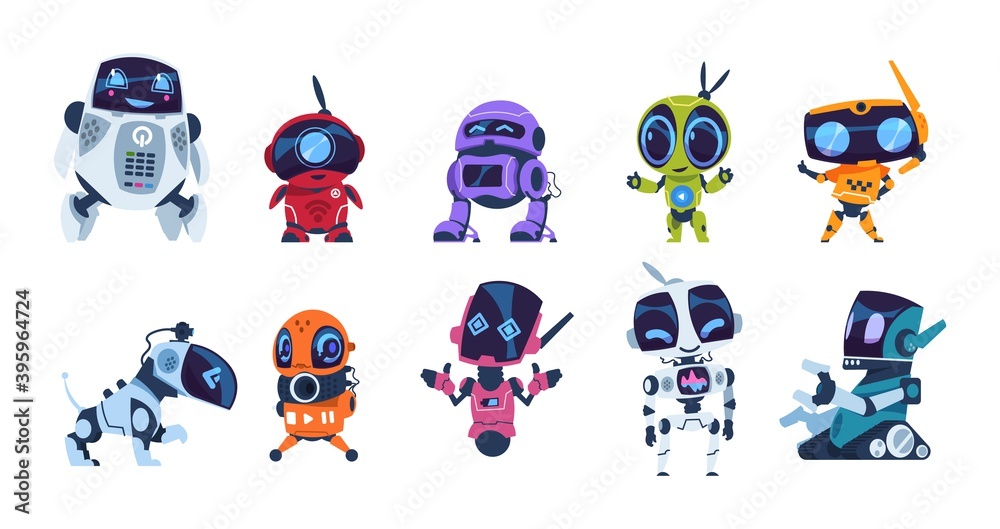 Aufkleber modern robots. cartoon friendly mascots. colorful personal assistants. collection of mechanical toys