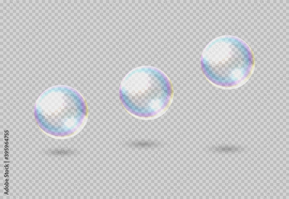 Poster Soap bubble. Realistic rainbow clear shampoo ball with color reflection. 3D rising or soaring glossy spheres on transparent background. Isolated air foam decorative effect template. Vector soapy set