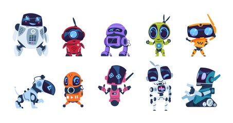 Modern robots. Cartoon friendly mascots. Colorful personal assistants. Collection of mechanical toys. Artificial intelligence or scientific innovation technologies. Vector isolated automation machines