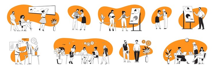Business people. Cartoon men and women working in office. Management and communication. Colleagues talking, presenting projects. Partners meeting, problem solving and brainstorm. Vector workflow set