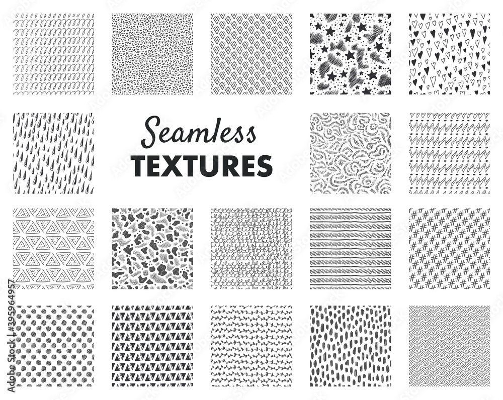 Aufkleber Hand drawn pattern. Abstract seamless texture. Monochrome minimalist background. Collection of graphic ornaments and hatchings. Wallpaper template, decorative textile prints. Vector doodle sample set