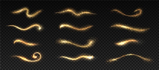Gold sparkles. Cartoon golden shining stardust texture. Isolated collection of waves and streams of glowing particles. Magical trails on transparent background. Vector yellow glitter dust motion set