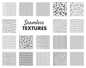 Hand drawn pattern. Abstract seamless texture. Monochrome minimalist background. Collection of graphic ornaments and hatchings. Wallpaper template, decorative textile prints. Vector doodle sample set