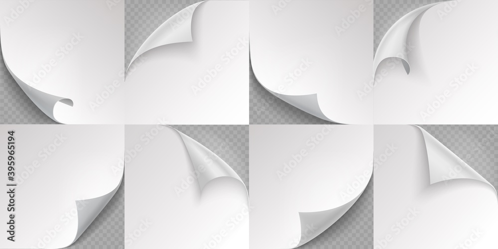 Poster Curled page corner. Realistic note papers. 3D folded edge templates on transparent background. Square blank sheets with copy space. Isolated packaging empty stickers with place for text, vector set