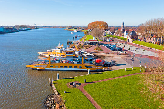 Aerial from ferries on the river Lek near Schoonhoven in the Netherlands
