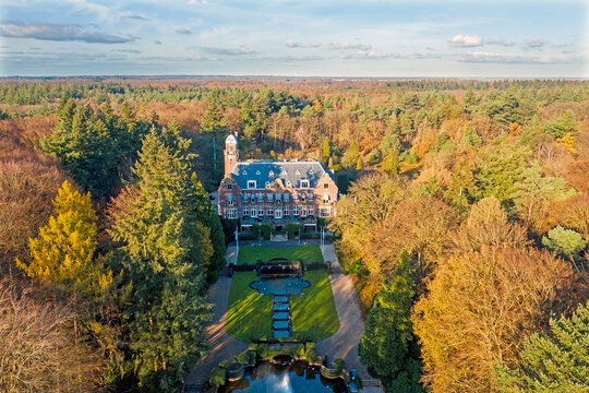 Aerial from castle Hooge Vuursche in the Netherlands in fall