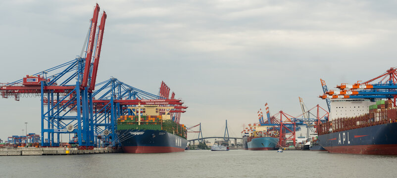 Hamburg, Germany - November 14, 2020: Container Terminal Eurogate at Burchardkai in Hamburg, loading and unloading of various containers by various shipping companies