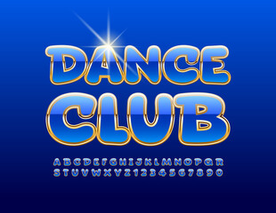 Vector stylish logo Dance Club. Blue and Gold elite Font. Shiny Luxury Alphabet Letters and Numbers set