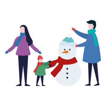 cute family wearing winter clothes with snowman vector illustration design