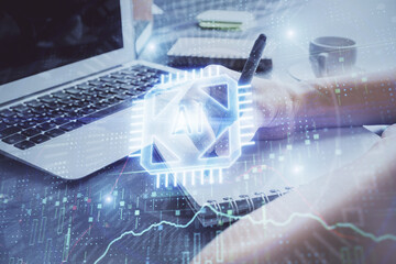 Multi exposure of writing hands on background with data solution hologram. Technology concept.