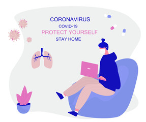 Girl Stay Home.Protect Yourself. Woman keeping Distance for Decrease Infection Risk For Prevent Virus Covid-19.
Stay Home on Quarantine During the Coronavirus Epidemic. Vector Illustration.