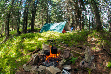 tourist tent and campfire in the forest