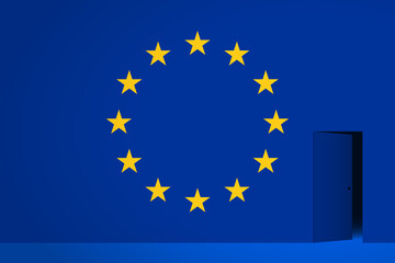 The European Union flag and the half-open door in side