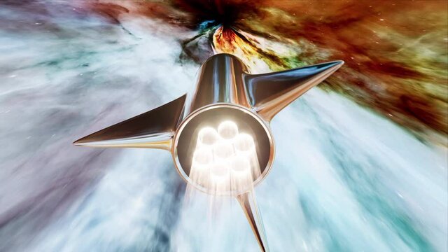 Starship flying through cosmos space and time. Futuristic heavy space ship in the universe. Travelling through galaxies. 3D Animation render.
