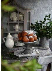 Deep fried doughnut balls also known as typical Dutch oliebollen
