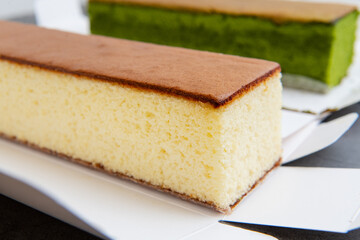 sponge cake with matcha and honey, japanese sweets, castella cake,  (Japanese sponge cake)