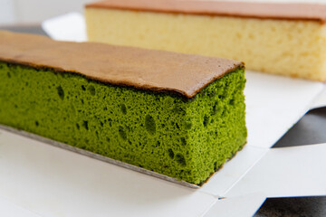 sponge cake with matcha and honey, japanese sweets, castella cake,  (Japanese sponge cake)