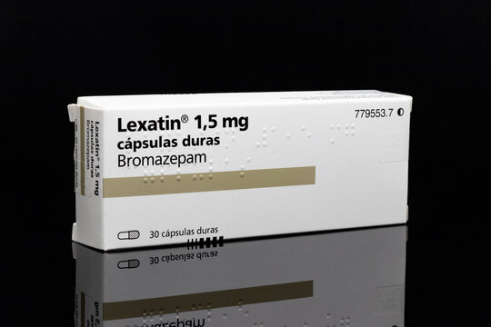 Huelva, Spain - November 27, 2020: Lexatin brand of Bromazepam. A benzodiazepine drug with anxiolytic, sedative, hypnotic and skeletal muscle relaxant properties.