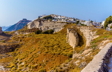 A view of Thira atop the caldera cliffs in Santorini in summertime