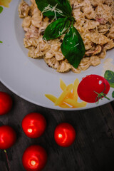 Fototapeta na wymiar pasta with sauce and basil