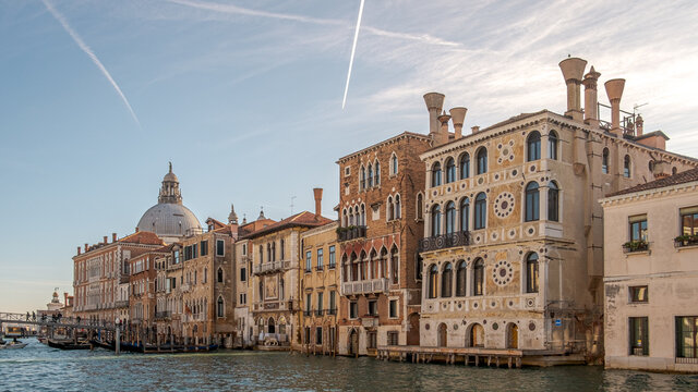 The palaces on the right bank at the end of the Grand Canal, in the foreground Dario Palace and Barbaro Wolkoff Palace. Venice, Italy.