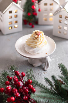 Dessert Pavlova With Raspberry Sauce 