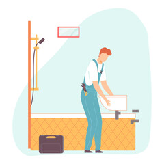 Worker in uniform installs the sink. Man making house or home apartment interior renovation. Cartoon flat man builder character. Vector illustration.
