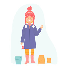 Girl in a hat and jacket for a walk. Vector illustration for banners, posters, postcard. Cartoon style character