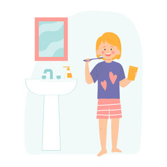 little girl brushes her teeth in the bathroom. Healthy lifestyle concept. Vector illustration for banners, posters, postcard. Cartoon style character