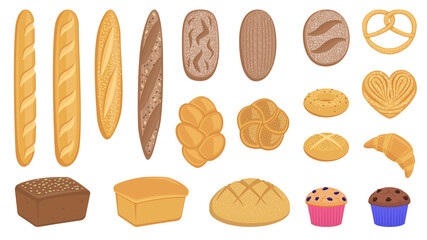 Set of vector flat realistic baking pastry products for bakery menu, recipe book, website. Large bread collection: rye bread, whole wheat loaf, bagel, croissant, toast, baguette, whole grain.