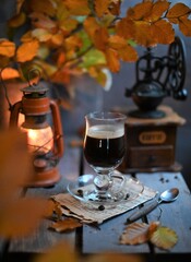 Autumn leaves, Coffee Grinder and cup of black coffee. Background for website, bloggers, social media. 