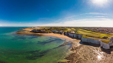 Drone aerial view of the beach and white cliffs, Margate, England, UK