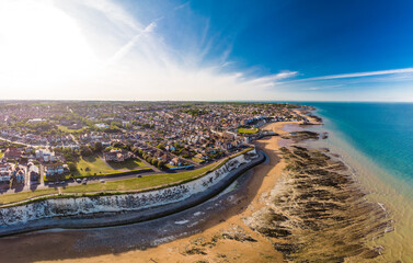 Drone aerial view of the beach and white cliffs, Margate, England, UK