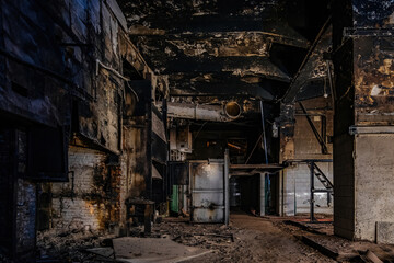 Plakat Burnt interior of industrial building or warehouse. Consequences of fire