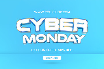 Cyber monday sale banner promotional ads. typography template on realistic studio mockup