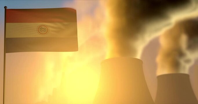 Paraguay flag wave on smoking factory pipes background on sunset - pollution, global warming concept, UHD 4k 3d animation