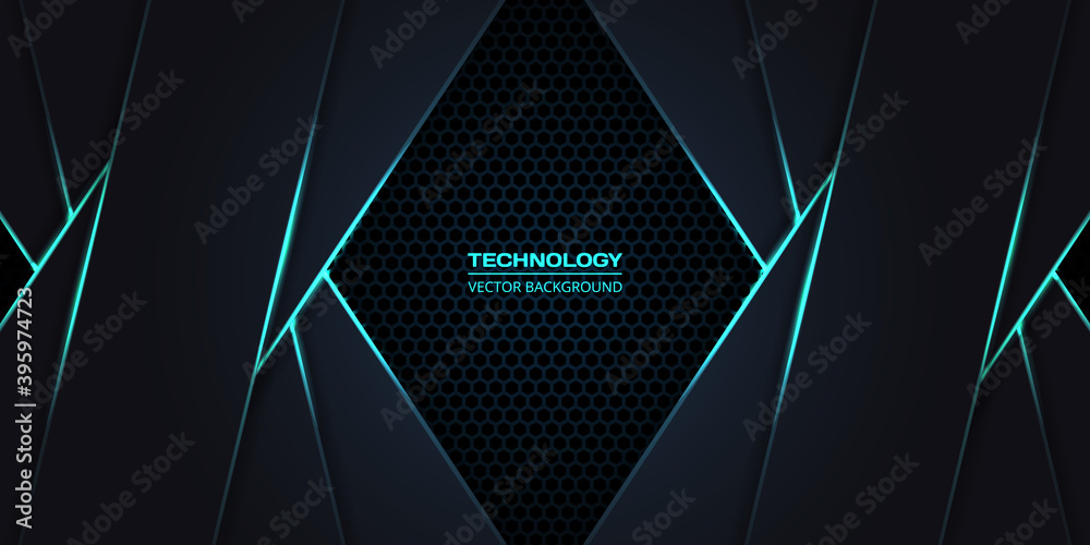 Poster dark gray and turquoise hexagonal carbon fiber background with green luminous lines and highlights. 