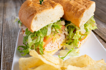 A view of turkey sandwich, with a side of potato chips.